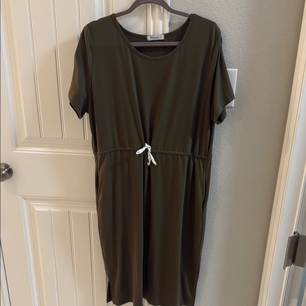 Olive Green Casual Dress with Drawstring